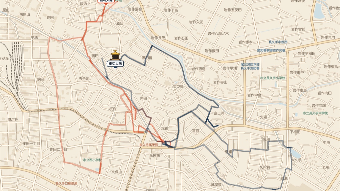長湫の警固祭りの2つの大隊が歩いた道のり(運行の記録の地図)